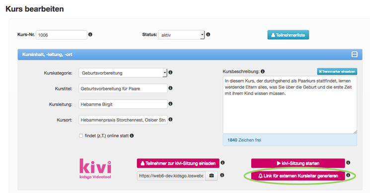Link für externen Kursleiter generieren Link für externen Kursleiter generieren